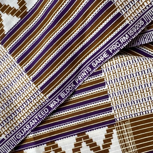 African Fabric Print Sanhe Wax Block Sanhe 159205 Purple Gold Beige Crisp - Picture 3 of 4